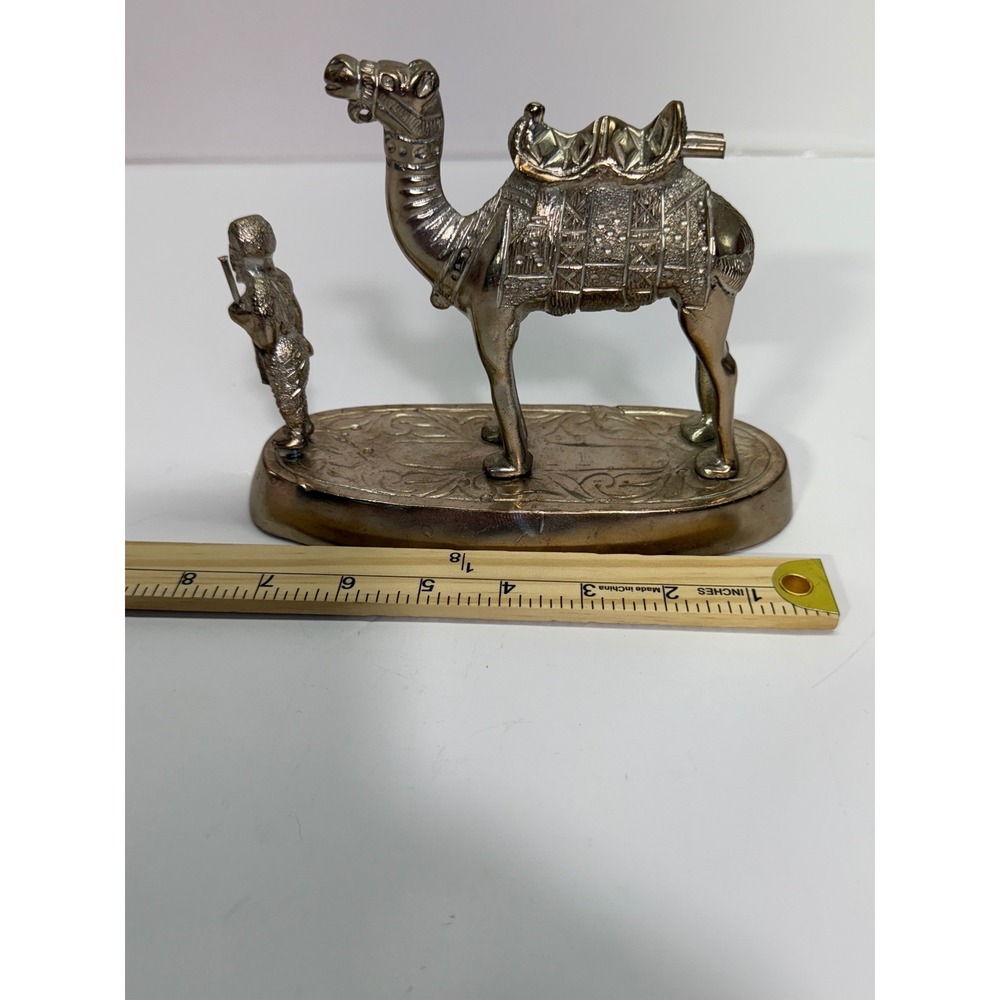 Vintage Silver Tone Metal Camel and Handler Figurine Statue on Decorative Base
